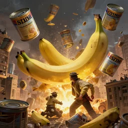 giant cans of spam falling into and exploding buildings, dim volumetric lighting, 8 k octane beautifully detailed render, post - processing, extremely hyper - detailed, intricate, epic composition, giant bananas natural disaster, cinematic lighting, masterpiece, trending on artstation, detailed detailed detailed, masterpiece, stunning art by anders zorn, wonderful masterpiece by greg rutkowski, beautiful cinematic light, american romanticism by greg manchess, jessica rossier