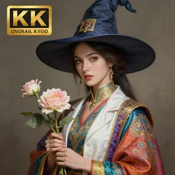 an anthropomorphic beautiful female scientist portrait holding a flowers wearing colourful robe, fine art, award winning, intricate, elegant, sharp focus, octane render, hyperrealistic, wizard hat cinematic lighting, highly detailed, digital painting, 8 k concept art, masterpiece, trending on artstation, 8 k