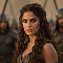photo of salma hayek as beautiful barbarian warrior princess in a battle scene, detailed eyes, depth of field, photorealistic, cinematic lighting, lovely bokeh, warm colours, dusk, lord of the rings