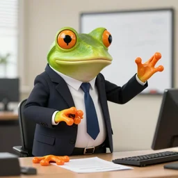 a picture of a frog giving a presentation at the office, he is wearing a suit, 4K
