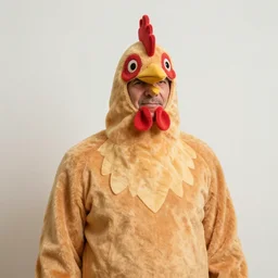 a middle aged man in a poorly done chicken costume