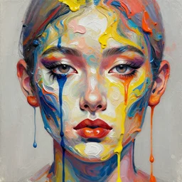 intricate face with paint drips of paint melting in to a colorful painting made of gouache impasto