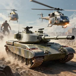 main electric battle tank and helicopter at war, volumetric lighting futuristic, highly detailed, digital painting, artstation, concept art, cinematic, sharp focus, illustration, unreal engine 5, 8 k, art by artgerm and greg rutkowski and alphonse mucha