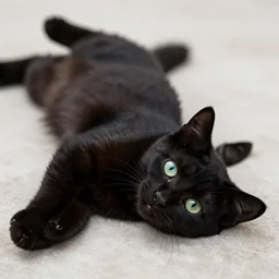 black kitten with! beautiful green eyes! laying on it ‘ s back showing it ‘ s fluffy belly while looking at the camera, photorealistic, anatomically correct, defined face, sharp focus, 4 k, beautiful,