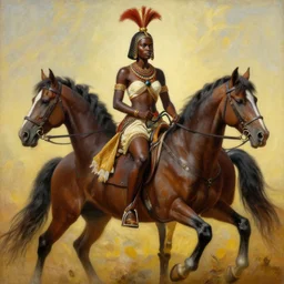 painting of a black female zulu warrior riding a horse, highly detailed painting, realistic, symmetrical, illustration, artstation, in the style of frank frazetta, krenz cushart, artem demura