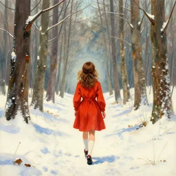 centre portrait of a girl walking through forest!!, winter, symmetry, view from behind, retro 8 0 s style, colourful, accurate, realistic illustration, art by peter elson