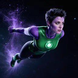 photos of beautiful actress Brianna Hildebrand as the purple skinned Green Lantern soranik natu as she soars thru outer space, Brianna Hildebrand, photogenic, purple skin, short black pixie like hair, particle effects, photography, studio lighting, cinematic