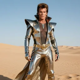 portrait billy idol dressed in 1 9 8 1 space fantasy fashion, avante garde, shiny metal, standing in a desert