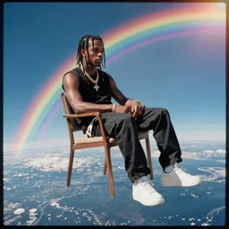 Travis Scott sitting on a chair floating over Earth, 4k, Aubrey Powell, vintage photo, lens flare, beautiful cinematography, rainbow surreal, film grain