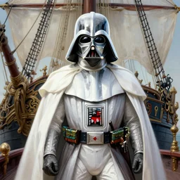 portrait shot of a white darth vader dresses as a pirate!! on a ship, intricate, elegant, highly detailed, centered, digital painting, artstation, concept art, smooth, sharp focus, illustration, artgerm, tomasz alen kopera, peter mohrbacher, donato giancola, joseph christian leyendecker, wlop, boris vallejo