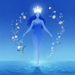 a blue woman, levitating above water, with a glowing crown above her head and ikebana flower arrangement illustration by chiara bautista, milk, logyu, ilka