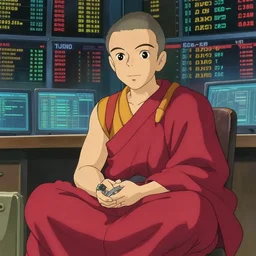 cyborg monk sitting in a wallstreet office trading stocks, studio ghibli