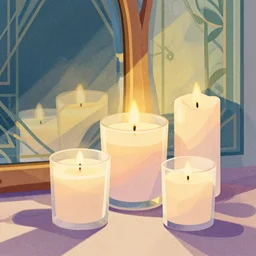 illustration with beautiful scented candles, close - up photo in cozy interior, candle lighting, shadow play, light refraction, mirror, glowing, an art deco painting by tom whalen, trending on behance, art deco, digital illustration, storybook illustration, grainy texture, flat shading, vector art, airbrush, pastel, watercolor, poster