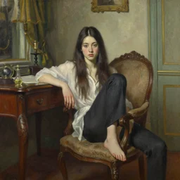 oil painting by ilya kuvshinov, rhads, coby whitmore, of a youthful japanese beauty, long hair, sitting on antique chair leaning against a desk, victorian room