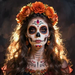 Illustration of a sugar skull day of the dead girl, art by charles vess