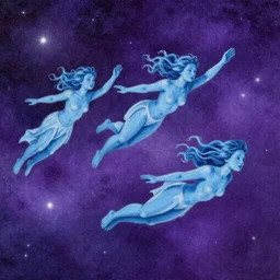 hyper realistic blue spirits flying in the deep purple space, pointillism technique, 8K, landscape