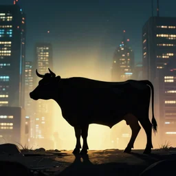 silhouette of cow in cyberpunk city night, ultrafine highly detailed hyper illustration, sharp focus, unreal engine highly rendered, global illumination, radiant light
