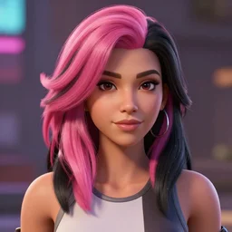 a beautiful woman of random ethnicity with a beautiful and detailed with pink and black hair, rendered as an unreal engine 5 video game, cinema 4 d, octane render, detailed, brawl stars, cinematographic, artstation greg rutkowski, full colors hd