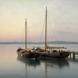 boats in dock,morning, by John Atkinson Grimshaw