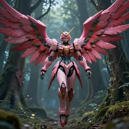 a female mecha saints with huge wings flying in the fantasy forest is in pink and red collection by merriam, daniel, intricate mechanical details, futuristic, 2 k aesthetic, dramatic lighting, concept art, 4 k, 3 d octane render, provenance, detailed, trending on artstation
