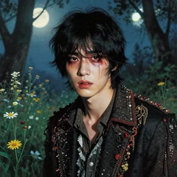 a beautiful but creepy young korean man in layers of fear, with haunted eyes, violence in his eyes, wearing a punk outfit, 1 9 7 0 s, seventies, delicate embellishments, a little blood, woodland, moonlight shining on wildflowers, painterly, offset printing technique, by alexandre cabanel