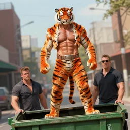 shredded physique crisp defined Man Streetfighter Dude wearing Tiger Costume standing atop dumpster greg rutkowski greg danton tony sart raymond swanland chris foss chris cold christophe norman rockwell young acrylic 4k artstation wikiart wikipedia realism tilt-shift
