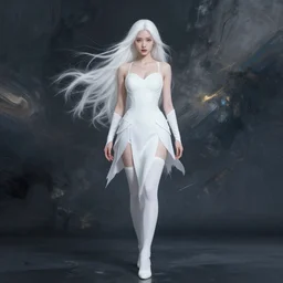 warrior princess with white hair full shot, by Ruan Jia, abstract background