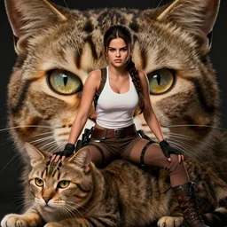 A badass photo of tough looking Selena Gomez as a muscled Lara Croft sitting on her large giant cat beast, f/22, 35mm, 2700K, award winning photography, perfect faces, extremely detailed