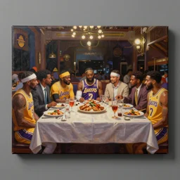 the Los Angeles Lakers having the las supper painting, as photograph