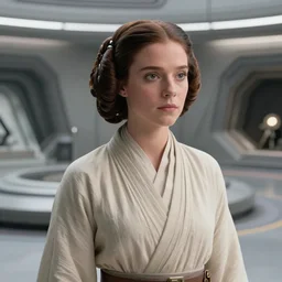 portrait of Princess Leia alone at Jedi Temple scene from the last jedi, 2022, film by Stanley Kubrick, 4k serene, iconic , photoreal Carrie fischer, detailed stunning cinematography, hyper detailed, sharp, anamorphic lenses, kodak color film