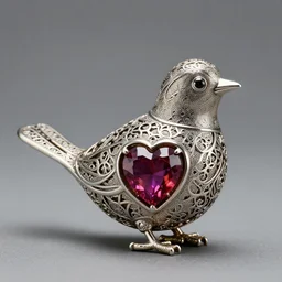 hollow filigree bird - shaped statue, with a heart - gemstone inside it, detailed 8 k, award - winning photography