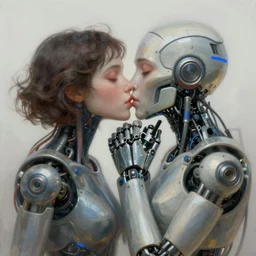 two cyborg machine kiss each other in victory kiss pose, wires bare, beautiful girl face, dreamscape, digital painting, concept art, 8 k, by william - adolphe bouguereau