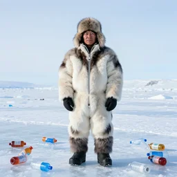 portrait of an indigenous inuit standing on ice in the arctic tundra littered with plastic bottles