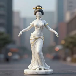 a statue made of white marble with gold veins, of an beautiful japanese bellydancer, perfect symmetrical body, perfect symmetrical face, no eyes, hyper realistic, hyper detailed, fujicolor superia, city bokeh background, full body shot, by peter kemp, by monia merlo octane render, blender, 8 k