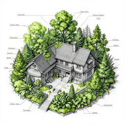 annotated highly, detailed and intricate, sketch of a lodge full of green plants, marker concept art style rendering, concept art, half blueprint, trending on artstation, intricate details, center frame, annotations
