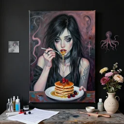 a portrait in a female artist's bedroom, black walls, emo girl eating pancakes, sheet music, berries, surgical supplies, handmade pottery, flowers, sensual, octopus, neo - expressionism, surrealism, acrylic and spray paint and oilstick on canvas