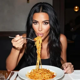 Kim Kardashian is eating spaghetti