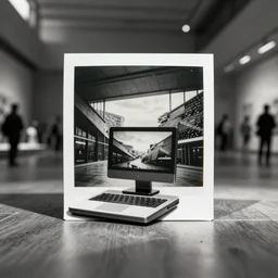 computer on floor in center of museum, black and white polaroid