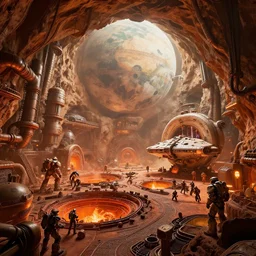 a gigantic cave interior with bulbous planetarium interior of the matrix nebuchadnezzar biomechanical, 3d rendered steampunk, iron smelting pits, high tech industrial and maschinen krieger, warm saturated colours, mri machine millennium falcon space-station Vuutun Palaa with massive piping inspired by a nuclear reactor submarine, ilm, beeple, star citizen halo, mass effect, starship troopers, elysium