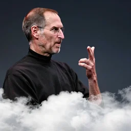 steve jobs up in the clouds talking to god, photorealistic