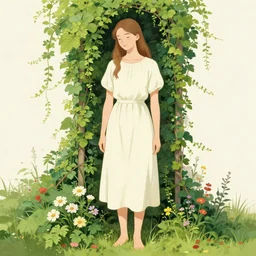 a girl being overgrown by vines and flowers, fully clothed, content, in the style of lise deharme.