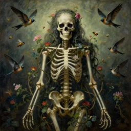 'Life from death' A beautiful detailed aesthetic horror portrait painting depicting 'A skeleton with vines and flowers growing all over it, birds and bees flying all around it' by Odilon Redon and giuseppe arcimboldo, Trending on cgsociety artstation, 8k, masterpiece, cinematic lighting.