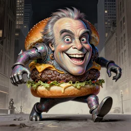 anthropomorphic head in iridescent happyiron shadow elemental monster danny devito stomping new york, intricate, elegant, highly detailed hamburger, wide angle, digital painting, artstation, concept art, sharp focus, illustration, art by artgerm, bob eggleton, stephen hickman, richard corben, wayne barlowe, greg rutkowski, alphonse mucha, 8 k