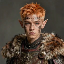 portrait painting of an very young elven man with short light orange hair and tribal tattoos on his face wearing fur armor, ultra realistic, concept art, intricate details, eerie, highly detailed, photorealistic, octane render, 8 k, unreal engine. art by artgerm and greg rutkowski and charlie bowater and magali villeneuve and alphonse mucha