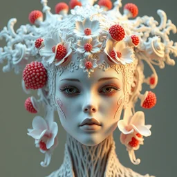 complex 3 d render hyper detailed ultra sharp beautiful female futuristic stunning biomechanical with carved porcelain ivory fair face, iris van herpen daisies corals cyberpunk filigree lace haute couture headdress with rhizomorph finials spires, brackets, fractal red puffballs, octane render, 8 k