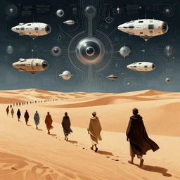 a illustration of people walinkg in the desert wearing cloaks, spaceships in the enviroment, intrincate, futuristic, by moebius, jean giraud & kilian eng