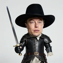 photo of elon musk in the shape of a musketeer, he has a big black hat and holds a shiny rapier sword