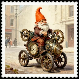 steampunk orange mohawk Streetfighter Gnome Santa riding an intricate clockwork gearwork automaton golem vehicle traveling stamp postcard winslow homer craig j. spearing thomas eakins