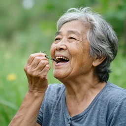 an old woman happily swallowing a spider,