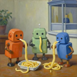happy robots eating play - doh noodles from a play - doh nozzle, grant wood, pj crook, edward hopper, oil on canvas